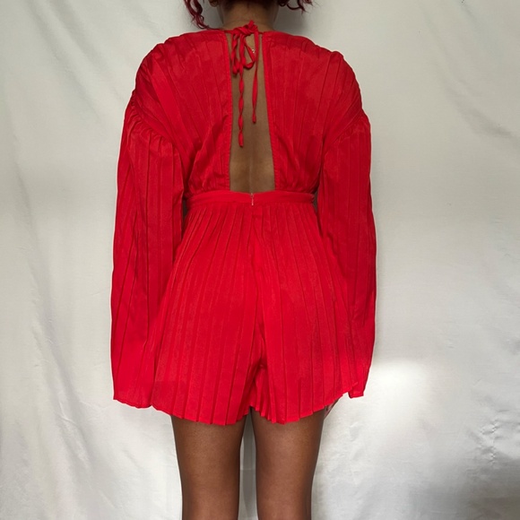 Bold Red Pleated Romper - Deep V-Neck - Picture 6 of 8